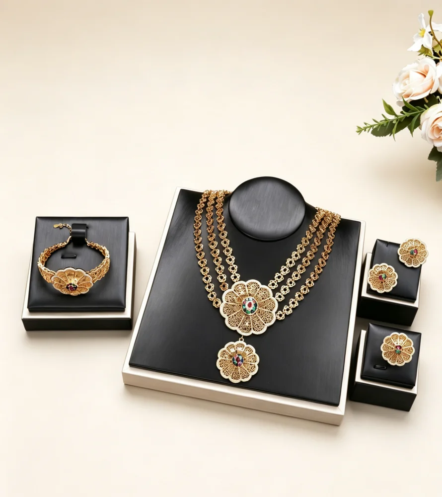 

JRH Fashion Zircon Jewelry Set Gold Plated Copper Bracelet Ring Necklace Earrings for Women Wedding Bride