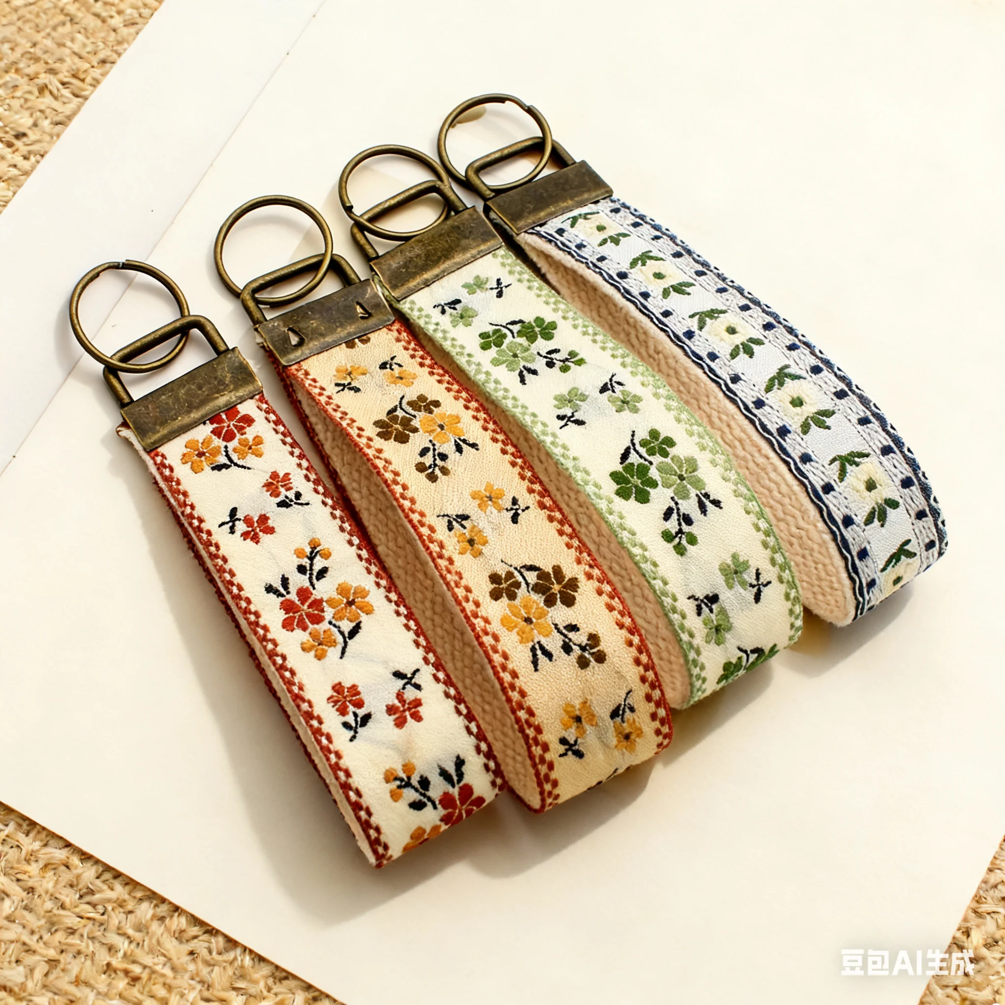 Vintage Embroidered Floral Keychain Wrist Strap - Boho Fabric Key Holder with Metal Ring, Anti-Lost Bag Charm & Phone Lanyard