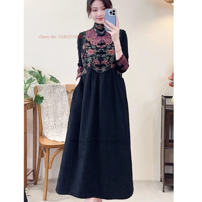 ชุดฮั่นฝูแบบดั้งเดิมของจีนปี 2025 ปักลายดอกไม้ประจำชาติ ผ้าฝ้ายผสมลินิน แขนกุด ลายแจ็คการ์ด สไตล์ย้อนยุค ทรงเอไลน์ ชุดพื้นเมือง