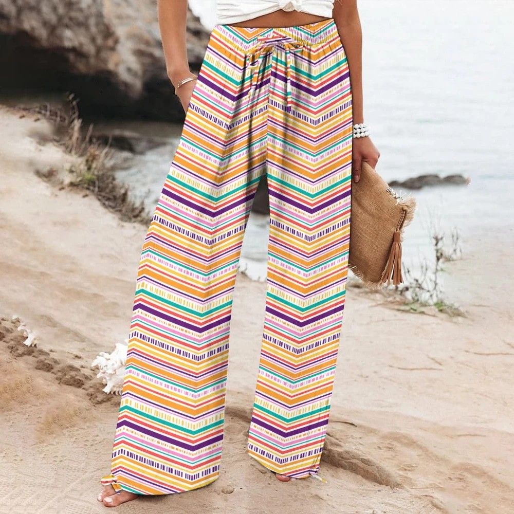 Colorful Geometric Print Drawstring Pants Causal Women’s Stiripped Outfit Vibrant Wide-Leg Trousers Boho Beach Vacation Pants