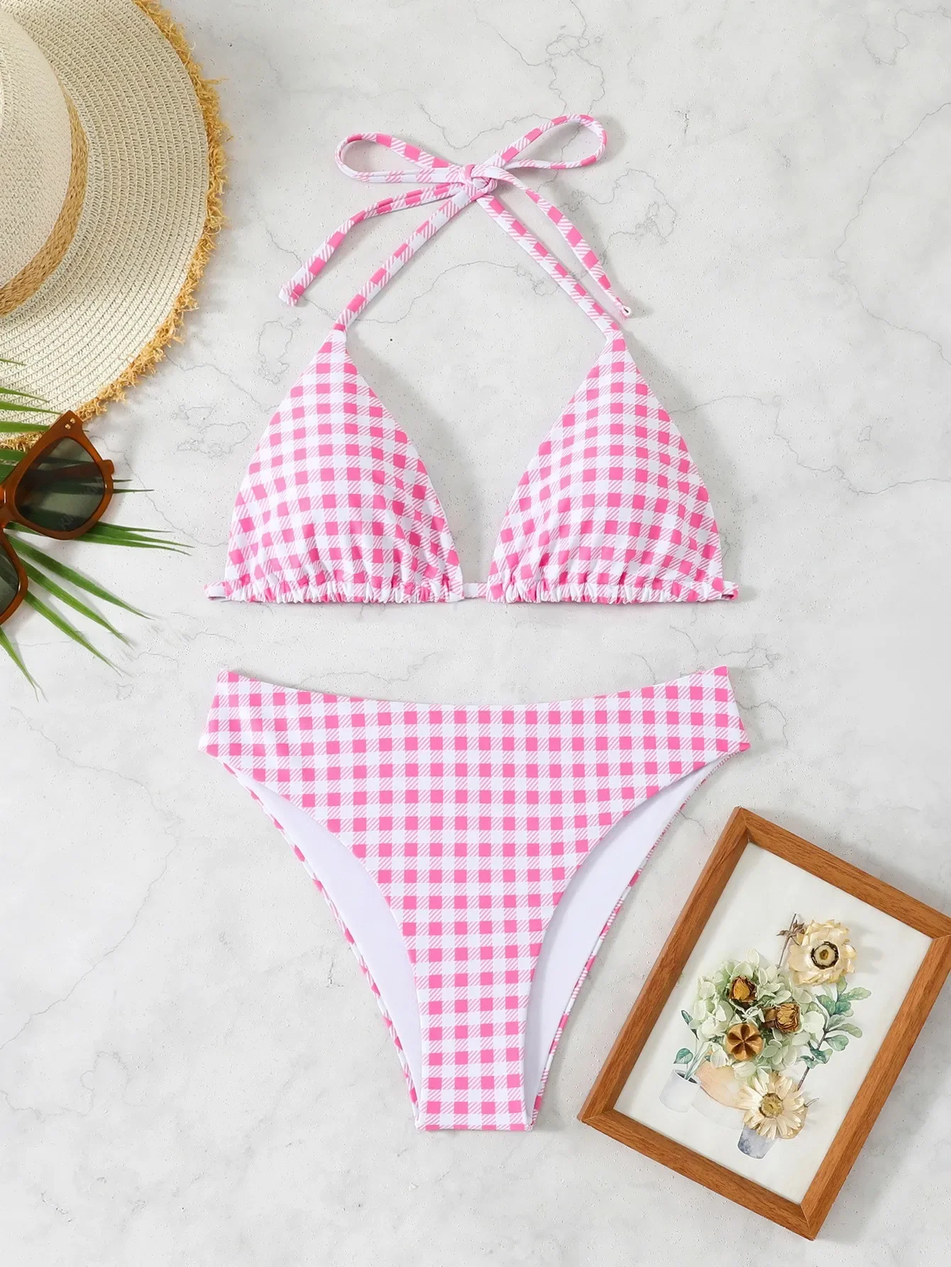 

Sexy High Waisted Bikini 2025 Floral Plaid Swimsuit Female Swimwear Women Triangle Bikinis Set Beach Wear Bathing Suit Girls