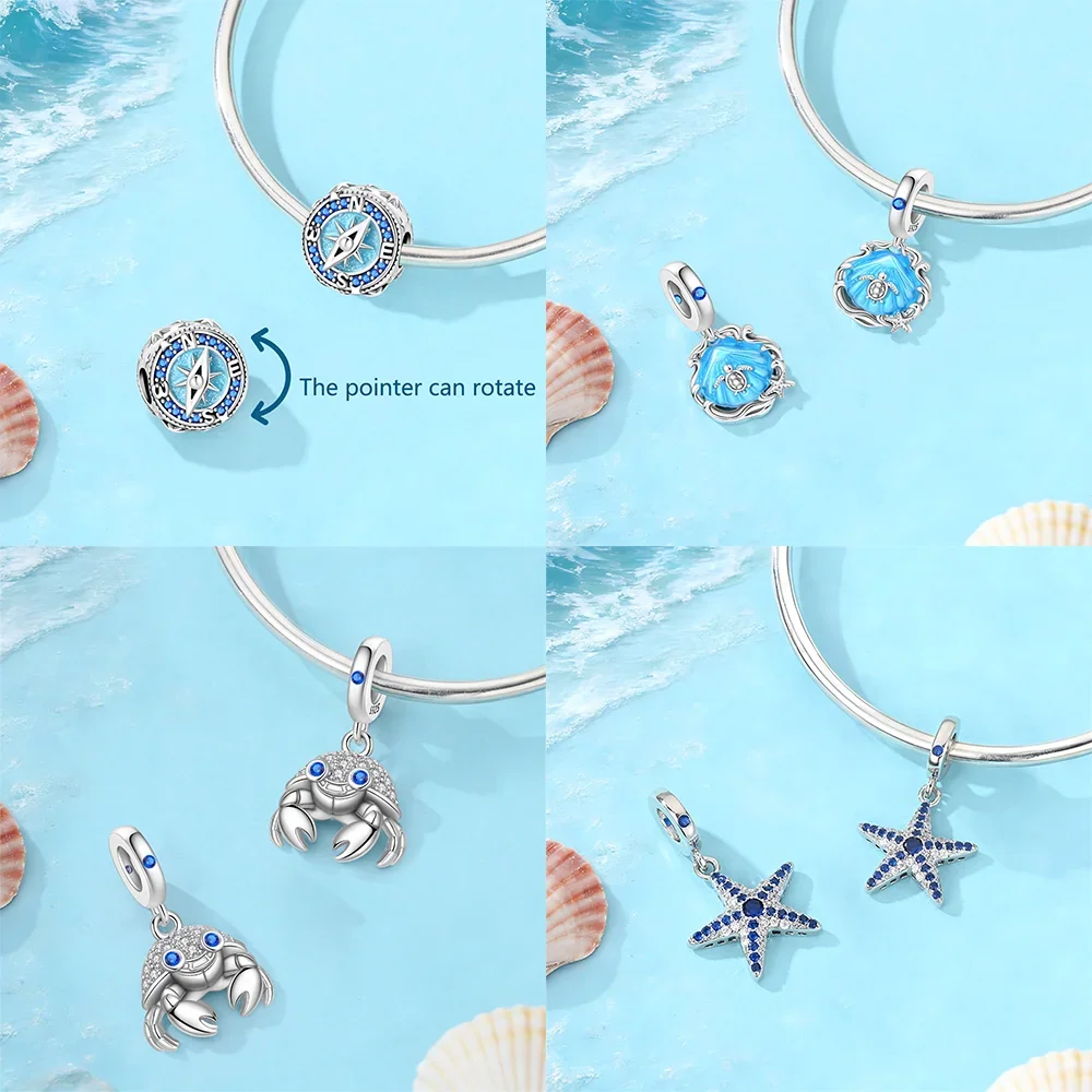 Ocean Animal Charms 925 Silver Compass Mermaid Ship Turtle Bee Beads Pendant Fit Bracelets Bag Keychain DIY Jewelry Making Gift view 4