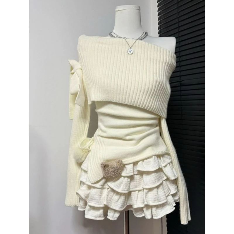 Fashion Suit Female Melard Autumn and Winter New Spice Girls Off-shoulder Slimming Bow Sweater Cake Dress Two-piece Personality