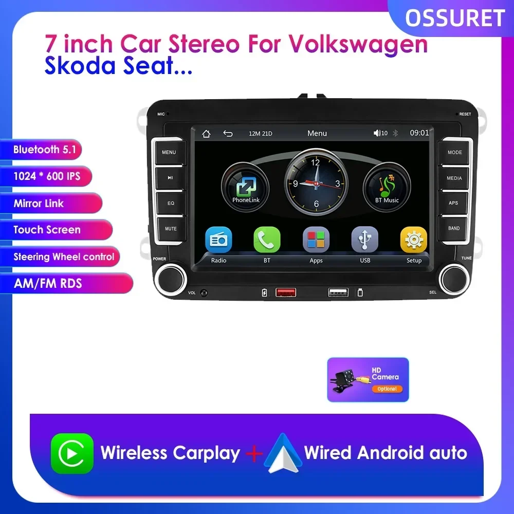 

7-дюймовая автомобильная магнитола с CarPlay, Mirror Link, Android Auto, RDS, AM/FM для Volkswagen Golf, Passat B6, B7, Polo, Jetta, Tiguan, Skoda, Seat, MP5-плеер