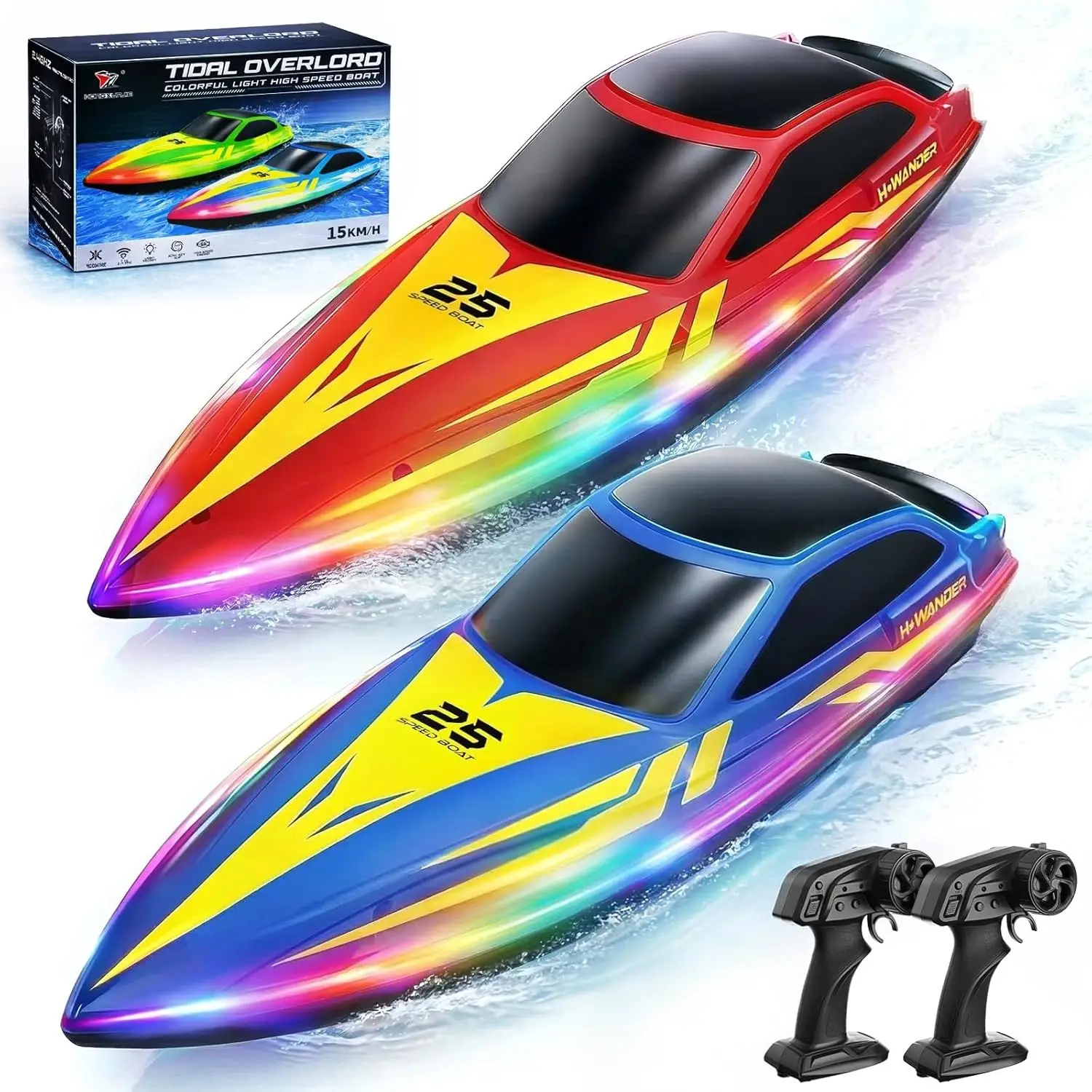 Remote Control Boats 2-Pack for Kids & Adults, Fast 15 KPH RC Boat with 7 Color Lights, Waterproof, Low Battery & Out-of-Range Alarms, Ideal for Pool Lake Summer Fun