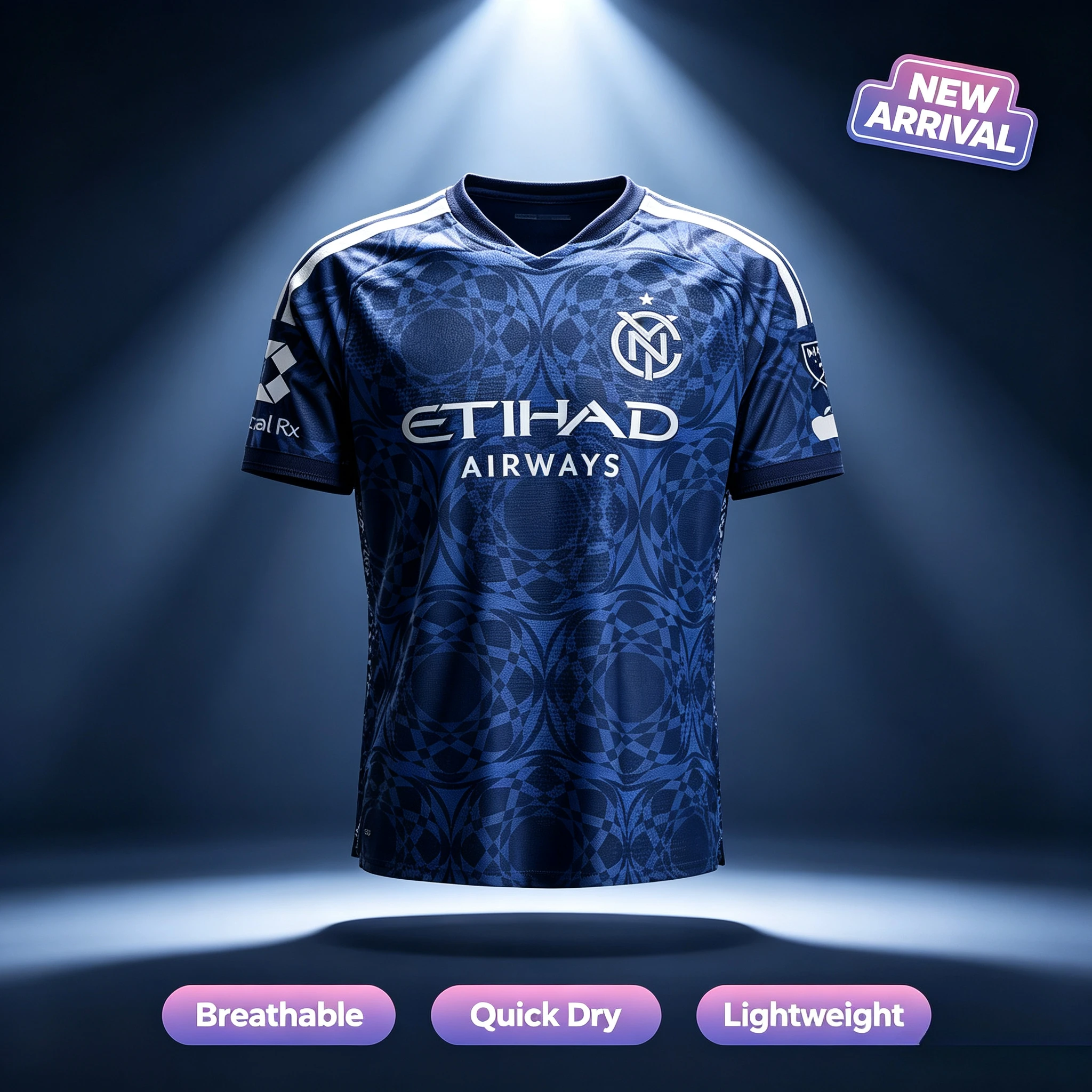 Sommer NYCFC Herren Damen Fußball MLS Trikot Sport Atmungsaktives Fan-T-Shirt Blaues Geometrisches Muster Familien- und Kinder-T-Shirts