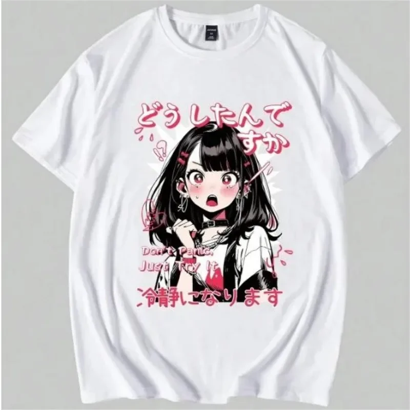 

Fashionable Japanese Anime Character Printed Cotton T-shirt Casual Round Neck Short Sleeved Cartoon Pure White Top for Women