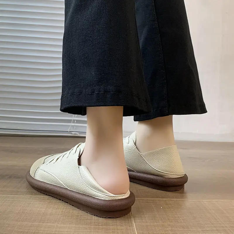 Wide Toe Sneakers Shoes Women\'s Lace Up Sneaker Girls Harajuku Half Slipper Sneakers Woman Faux Leather Mules Vulcanized Sneaker