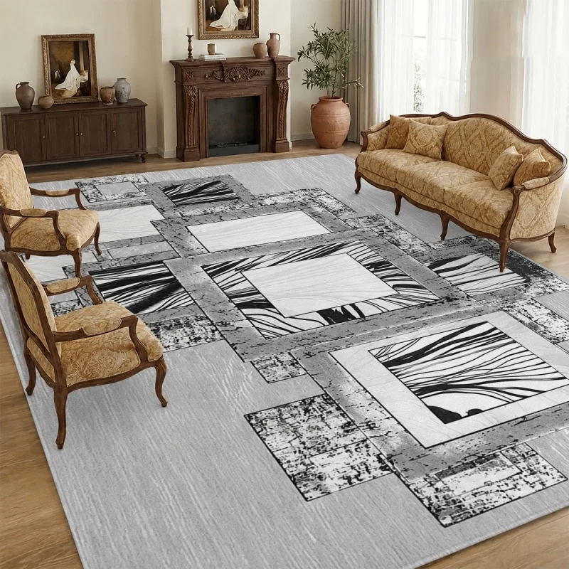 Wood Grain Herringbone Splicing Geometric Area Rug, Vintage Wooden Plank Print Washable Large Floor Carpet for Living Room