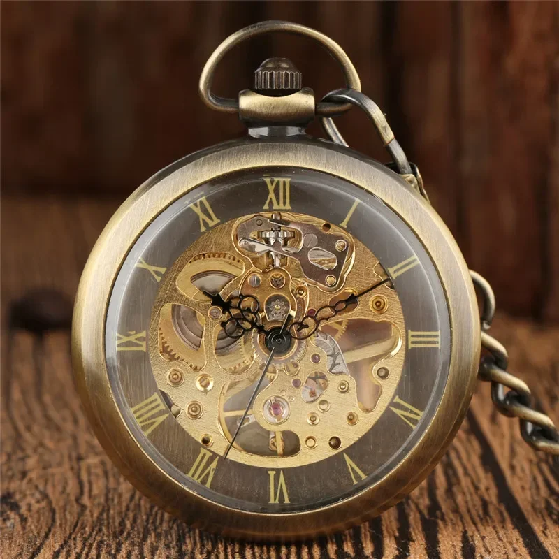 Bronze Antique Style Men Women Mechanical Hand Winding Skeleton Pocket Watch Roman Number Fob Chain Clock Relogio De Bolso