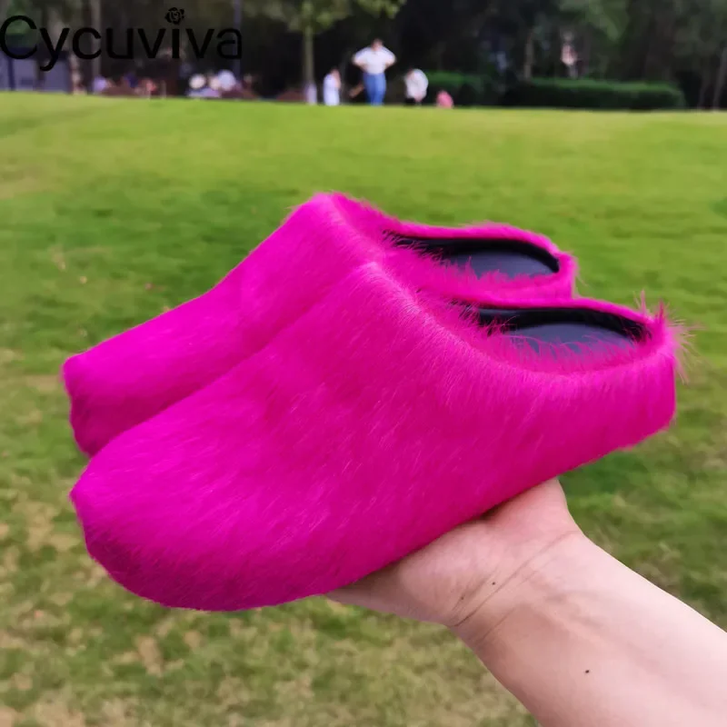 

New Horsehair Platform Half Slippers Women Autumn Wrap Toe Slides Thick Sole Flat Fur Shoes Woman 2022 Summer Flat Slippers Men