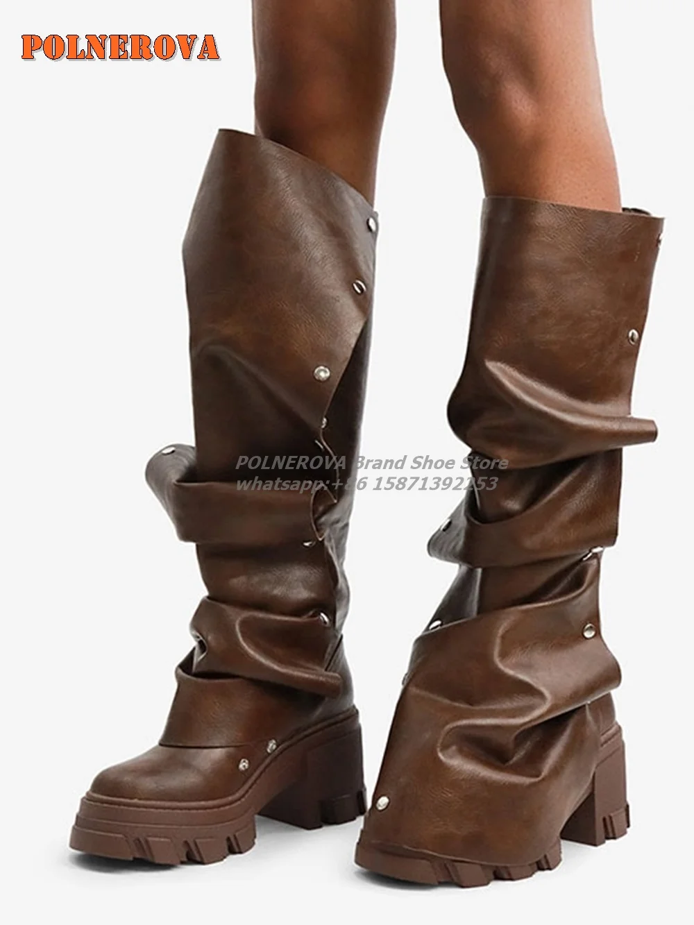 Rivet Wide Calf Ruched Slouchy Boots Round Toe Tank Soled Fold Down Pleated Brown Knee-High Boots Plus Size Sexy Fashion Shoes