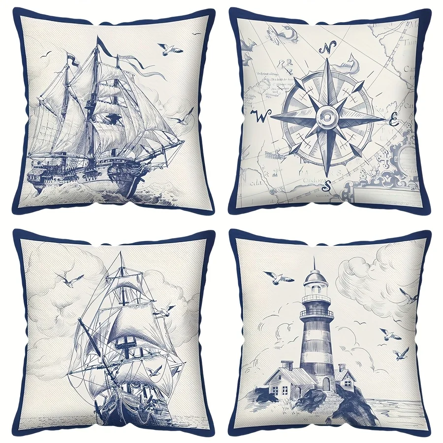 4Pcs Nautical Sailboat Pillow Covers - Compass & Lighthouse Print Polyester Cushion Covers for Sofa/Bed Decor