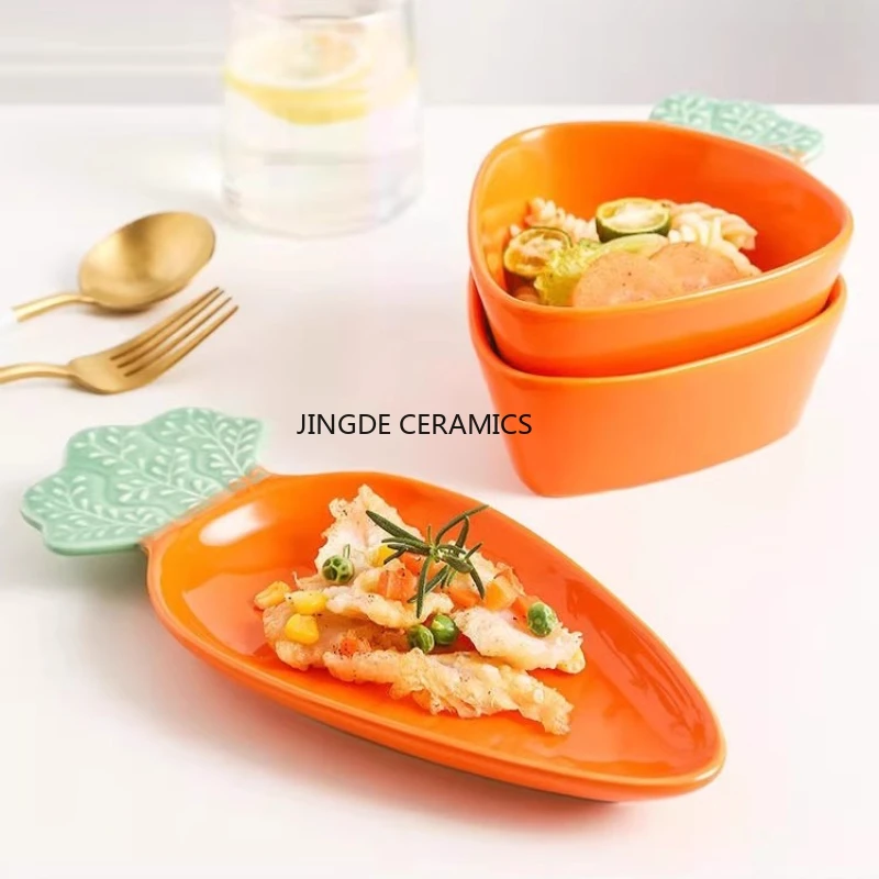 

1pc Ceramic Tableware Cute Carrot Shaped Bowl Children's Bowl Breakfast Plate Fruit Salad Plate Kitchen Utensils Household Items