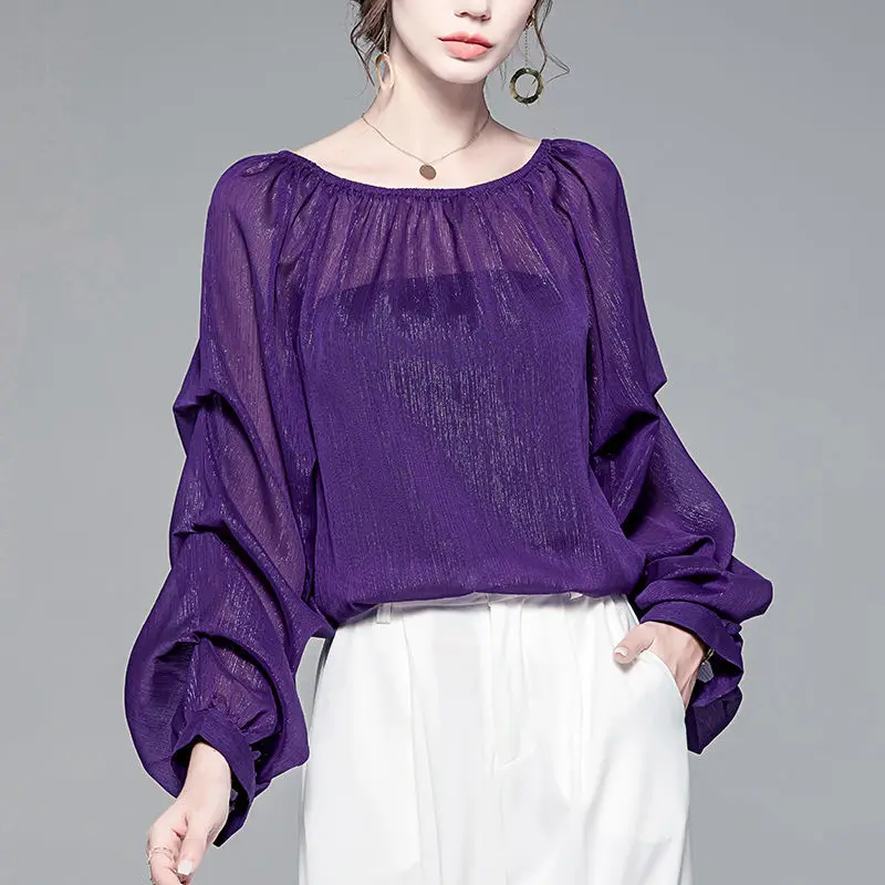 Sexy Perspective Purple One Neck Bubble Sleeves Chiffon Shirt for Women's Spring Autumn Loose Slimming Temperament Elegant Top