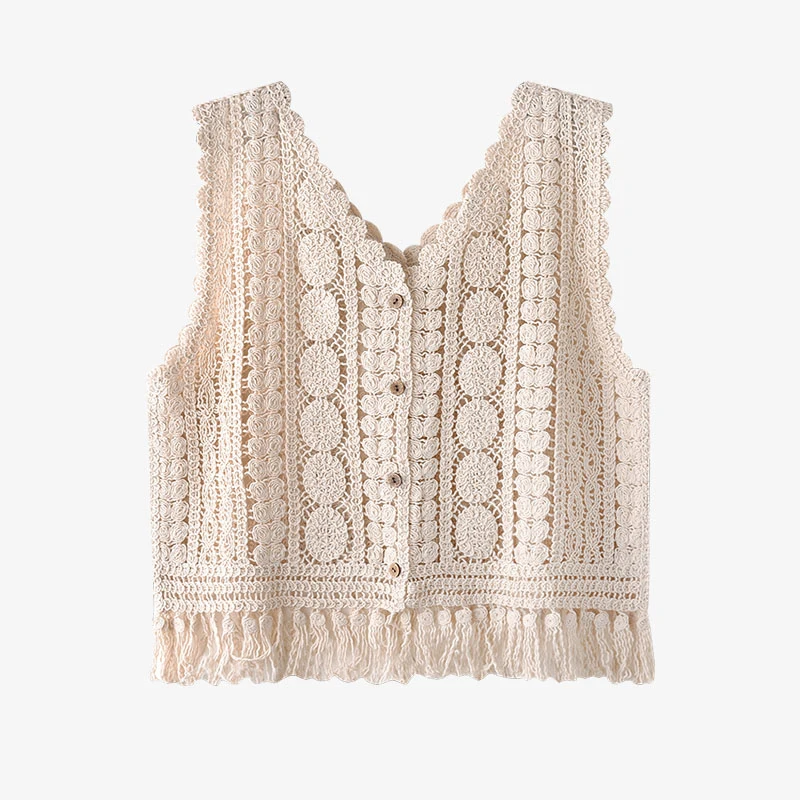 Fringed Crochet Top Sheer Open-work Sleeveless Button Front Tanks and Camis Vest Summer Top for Women Boho Beach Vacation Outfit