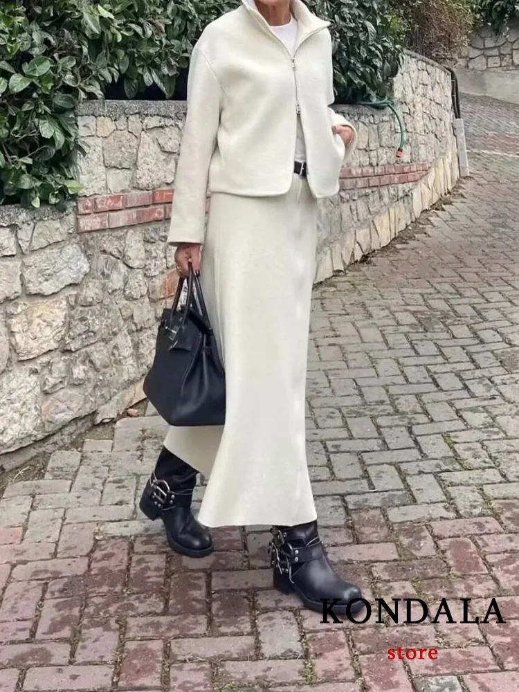 KONDALA Casual Vintage Chic Solid Women Suit Turn-down Collar Zipper Short Jackets Loose Skirt Fashion 2024 Autumn Winter Sets