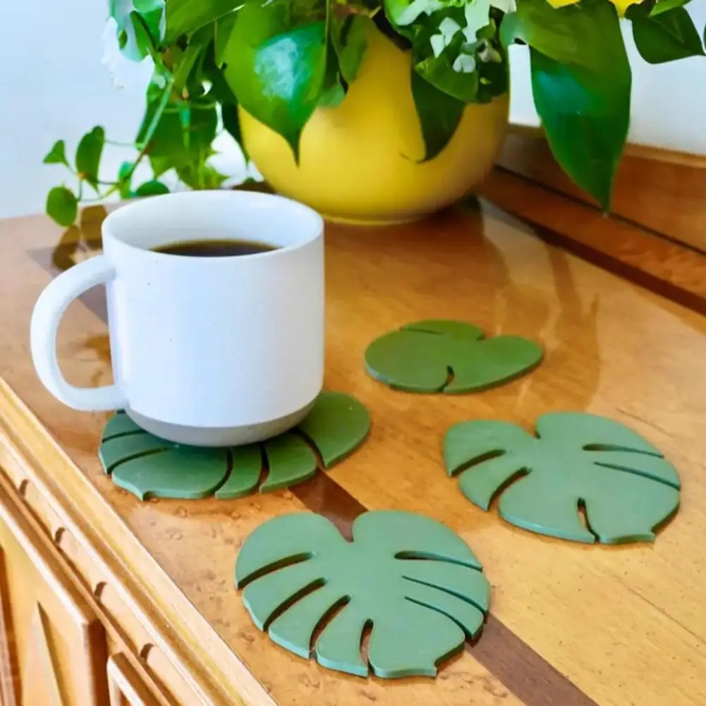 4Pcs 3D Printed Coaster Set Monstera Leaf Design Magnetic Base Plant Home Decor Green Leaf Drink Coasters for Table Protection