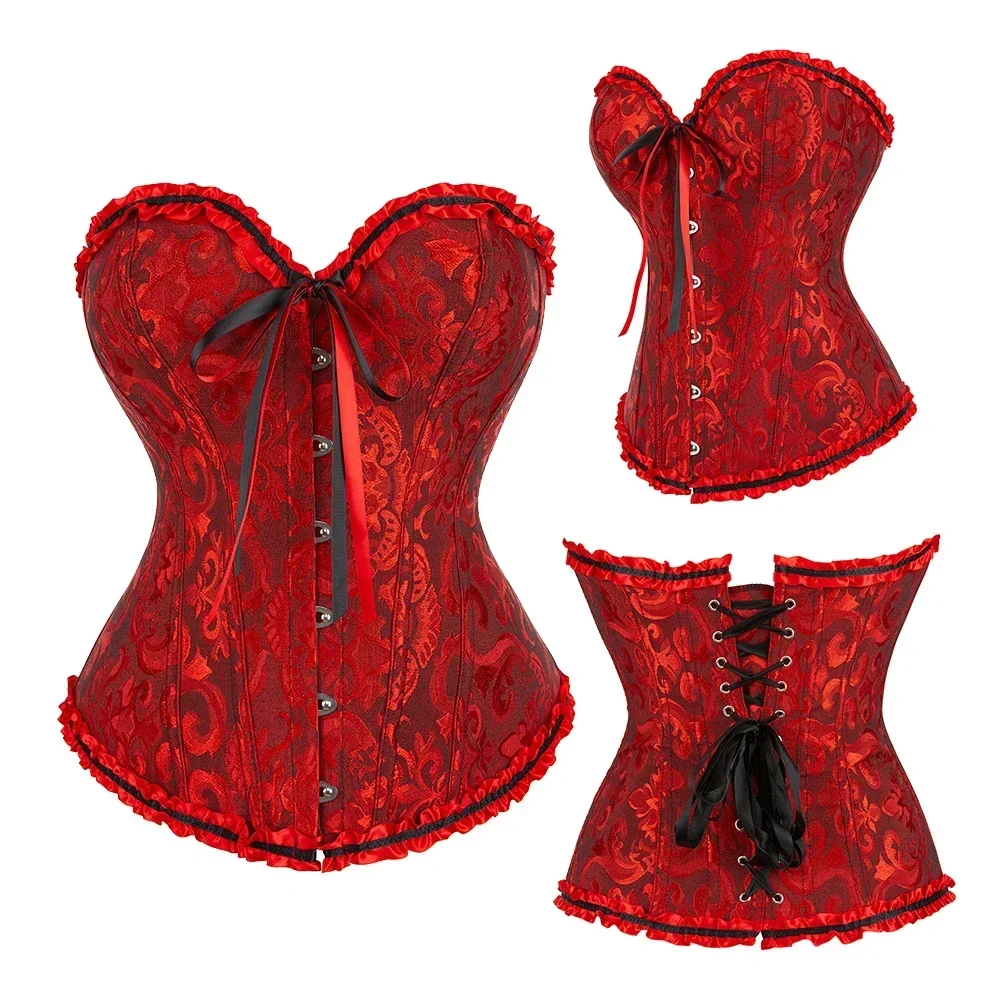 Frauen Korsett Top Jacquard Overbust Bustier Viktorianischen Sexy Lace up Floral Dessous Korset Vintage Gothic Basken Kostüm – Detail 8