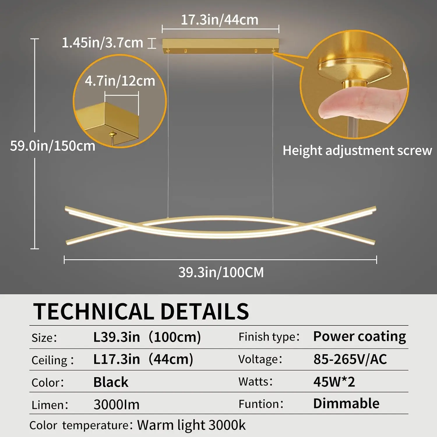 Lustre moderne à intensité variable de 1% à 100%, adapté à la salle à manger, à la chambre et au salon (or)