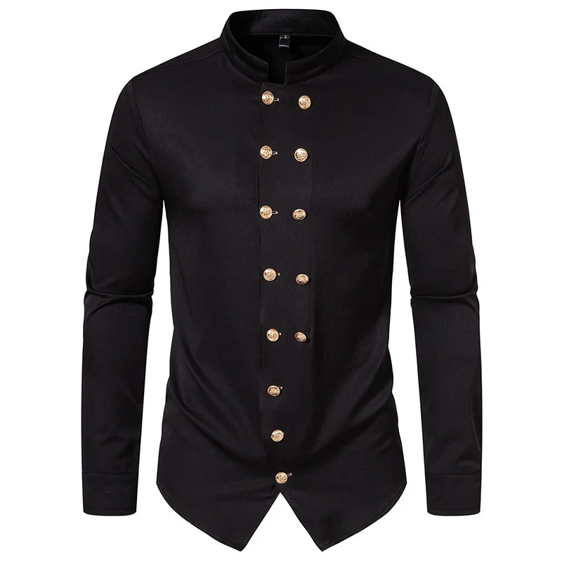 2024  New Men\'s Double-breasted Long-sleeved Shirt Vintage Henry Collar Solid Color Dress Shirt