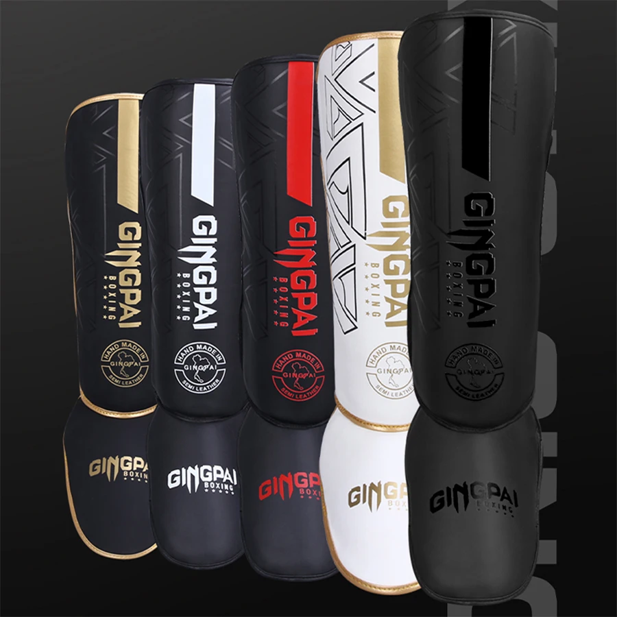 One Pair High-Quality PU Leather Boxing Shin Guards Ankle Protector MMA Muay Thai Training Leg Warmers Light Kicking Shin Pads