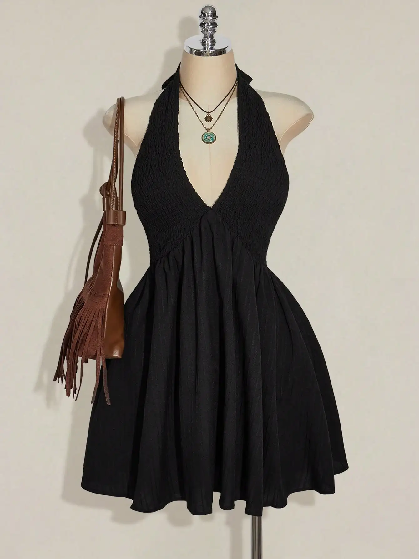 

Black Halter Neck Smocked Waist A-Line Mini Dress for Summer