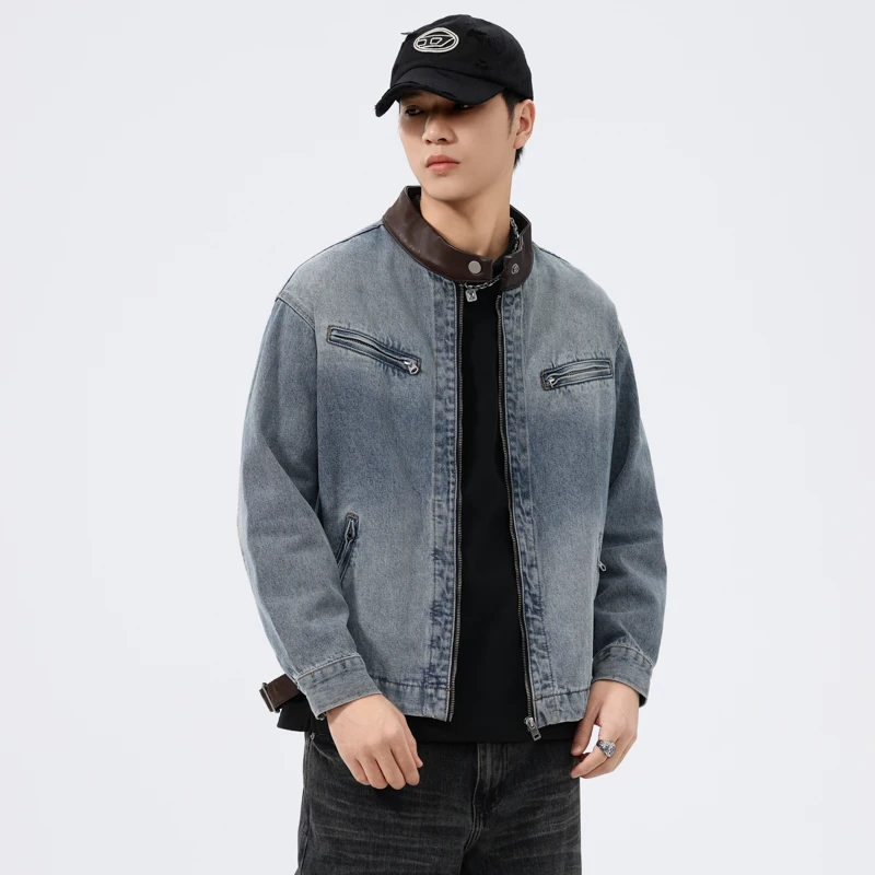 High-end American washed denim jacket men's fall new personality splicing tide blue casual jacket men's tops