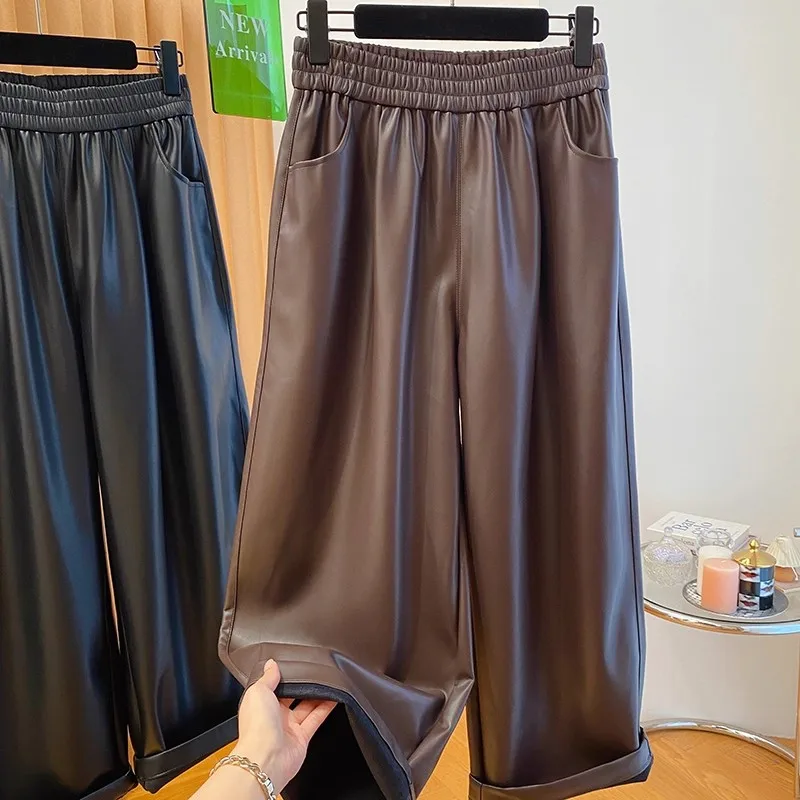 

plus Size Men's Bla Leather Pants Thiened Fce Lined Straight Leg Casual Trousers European Sle Polyester Fiber Warmth