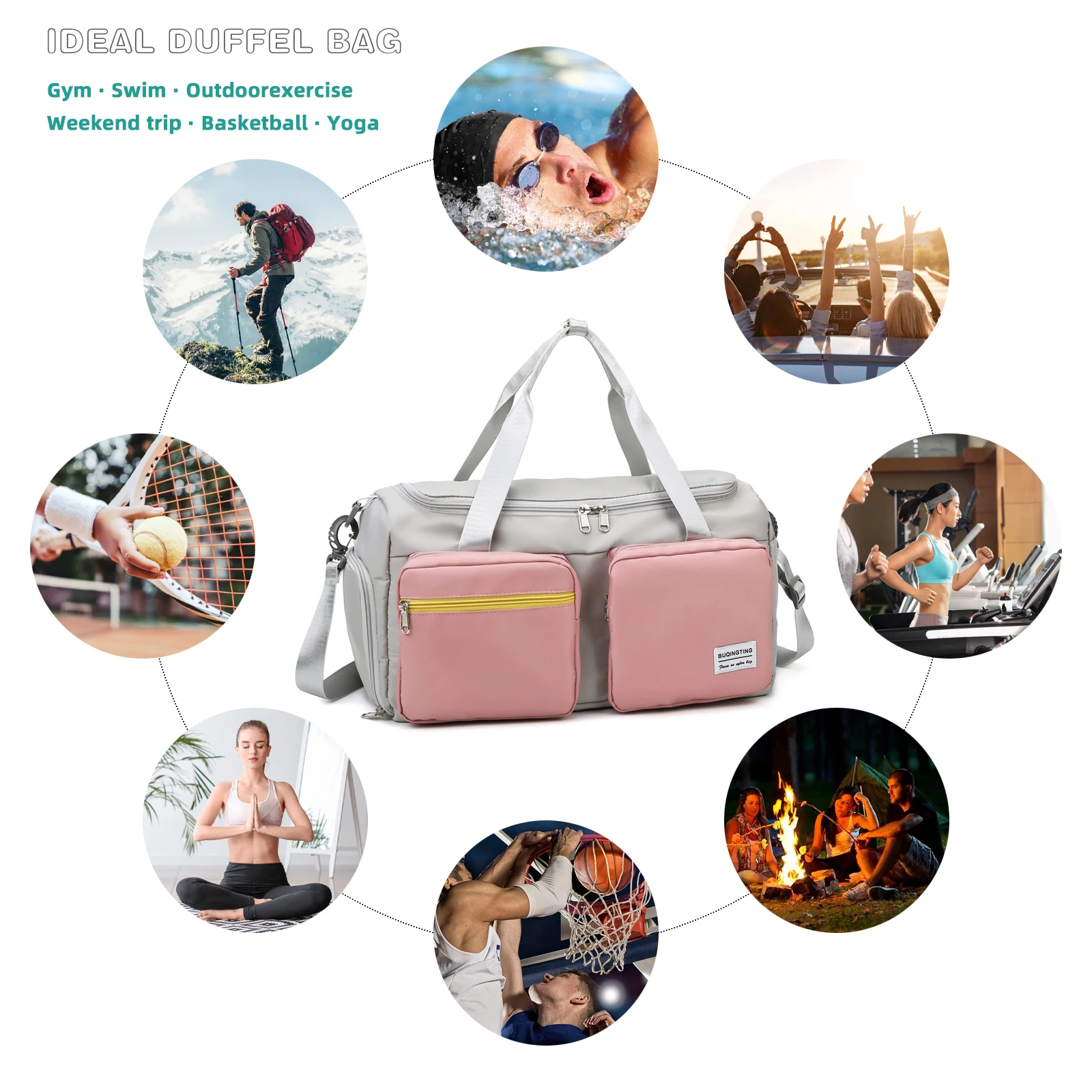 Women Girls Gym Sports Bag Teens Waterproof Camping Travel Duffle Bag for Dance Weekend Swimming Fitness Workout