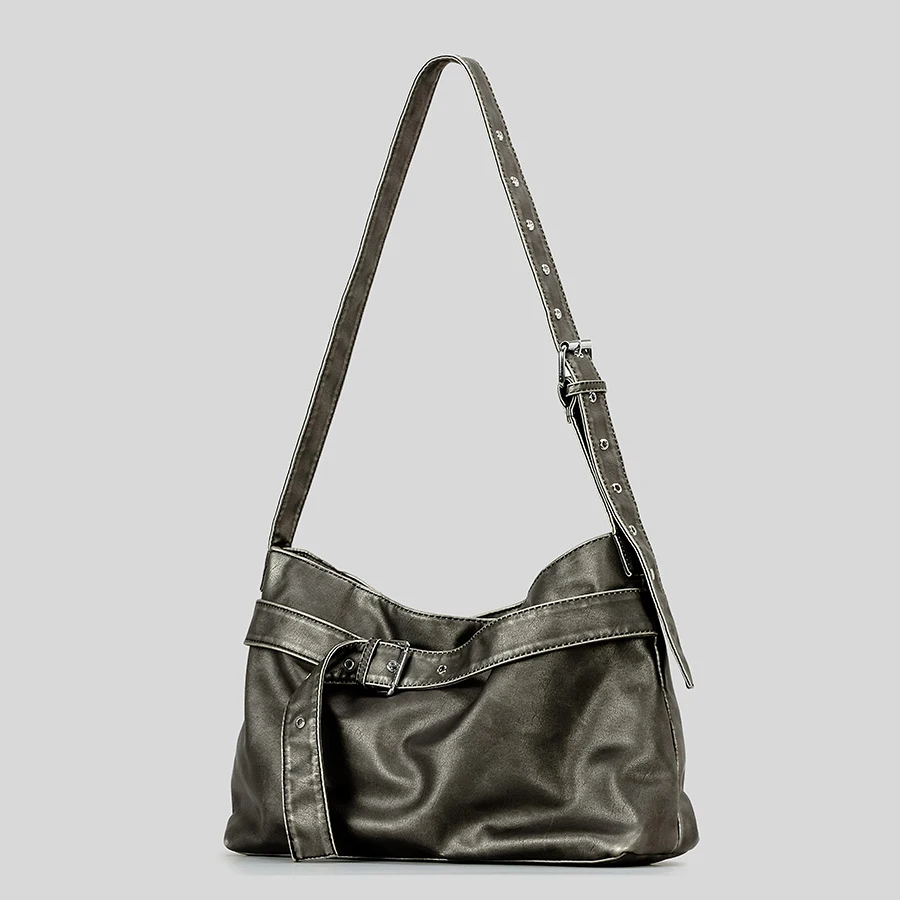 Bolso de hombro Vintage con diseño de cinturones para mujer, bandolera de cuero Pu lavado, gran capacidad, tendencia Y2K, 2024