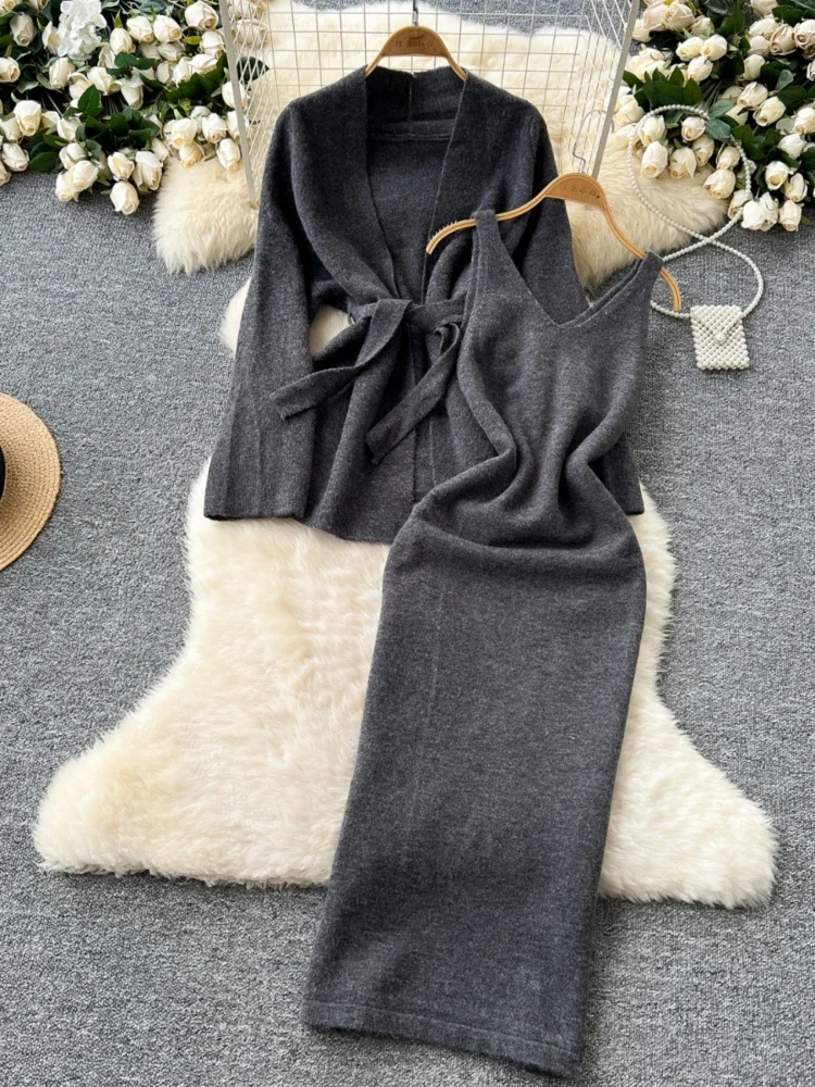 Women Elegant Sweater Two Piece Sets Autumn Winter Sleeveless Knitted Dress+long Sleeved Loose Long Sweater Vintage Suits