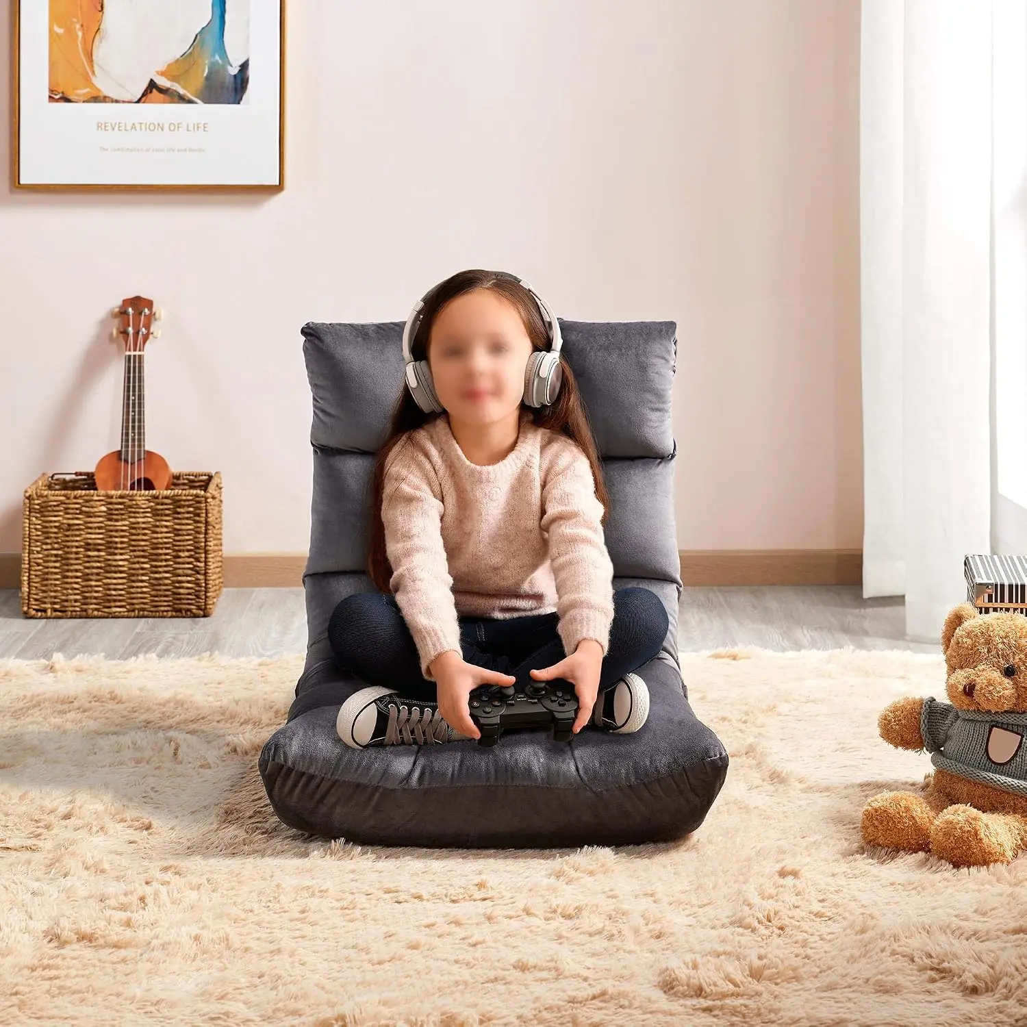 14-Position Folding Floor Seat with Adjustable Back Support Gray