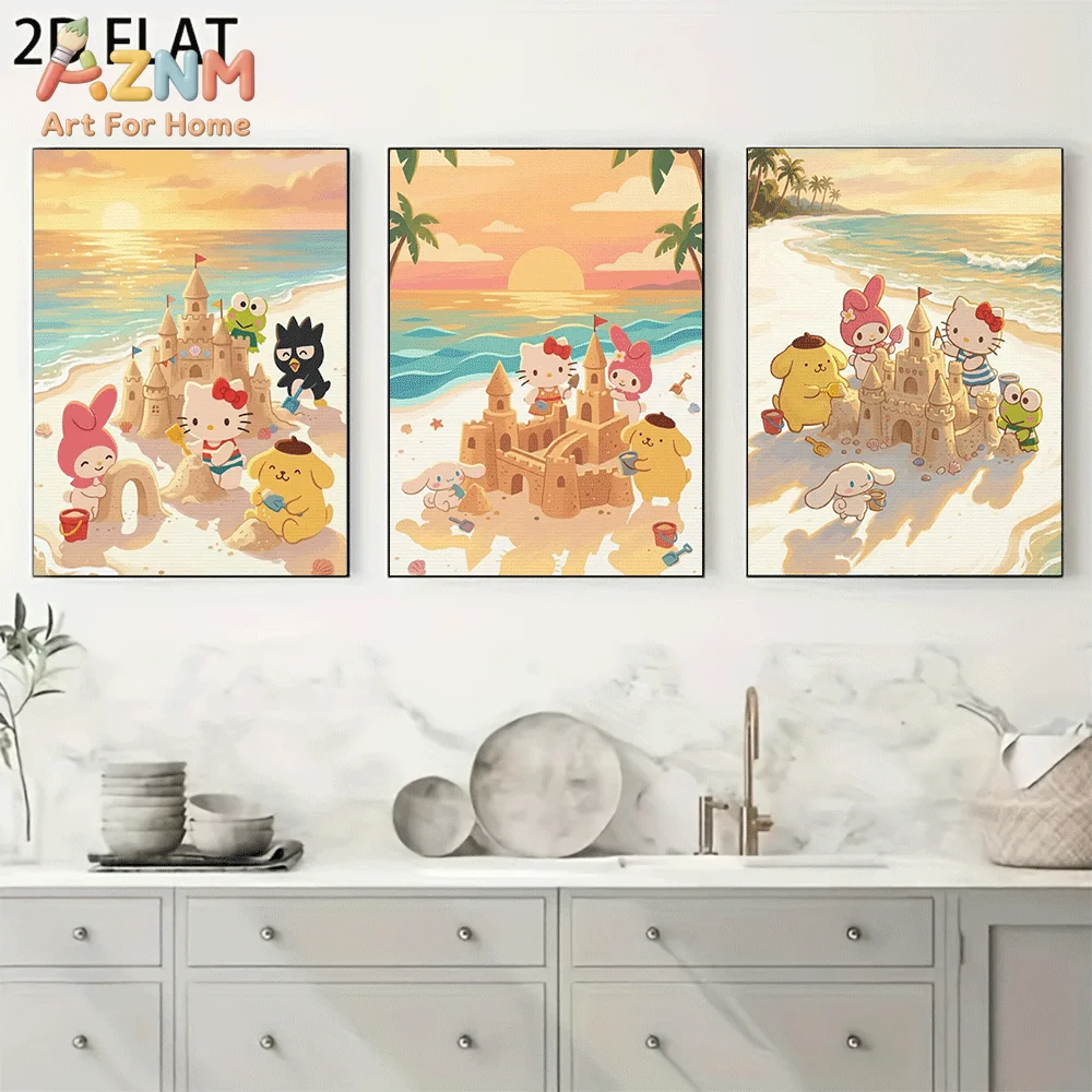 AZNM Cute Sanrio Hello Kitty Family Beach Sandcastle Canvas Wall Art Unframed Cartoon Sunset Seaside Painting for Kids Room Home