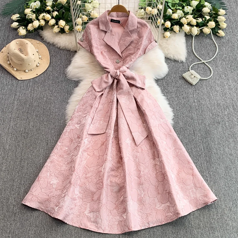 

Clothland Women Elegant Floral Midi Dress Sashes Notched Collar Short Sleeve A Line Female Office Wear Dresses Vestido QE041