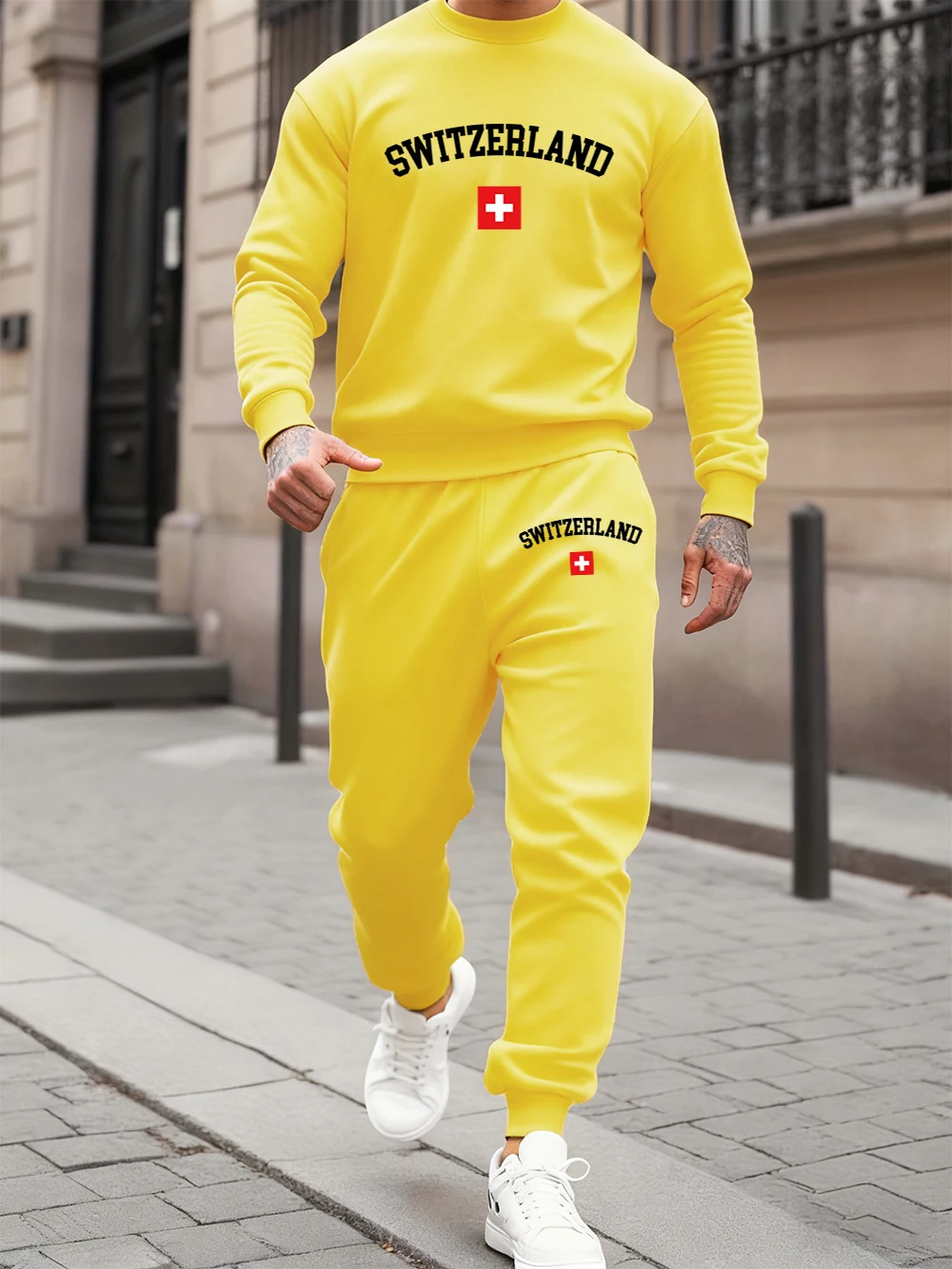 

2 Pcs Hoodies Set Mens Switzerland Flag Printing Sweatpants Casual Loose Fleece Warm Hoody Sporty Pants Winter Crewneck Clothes