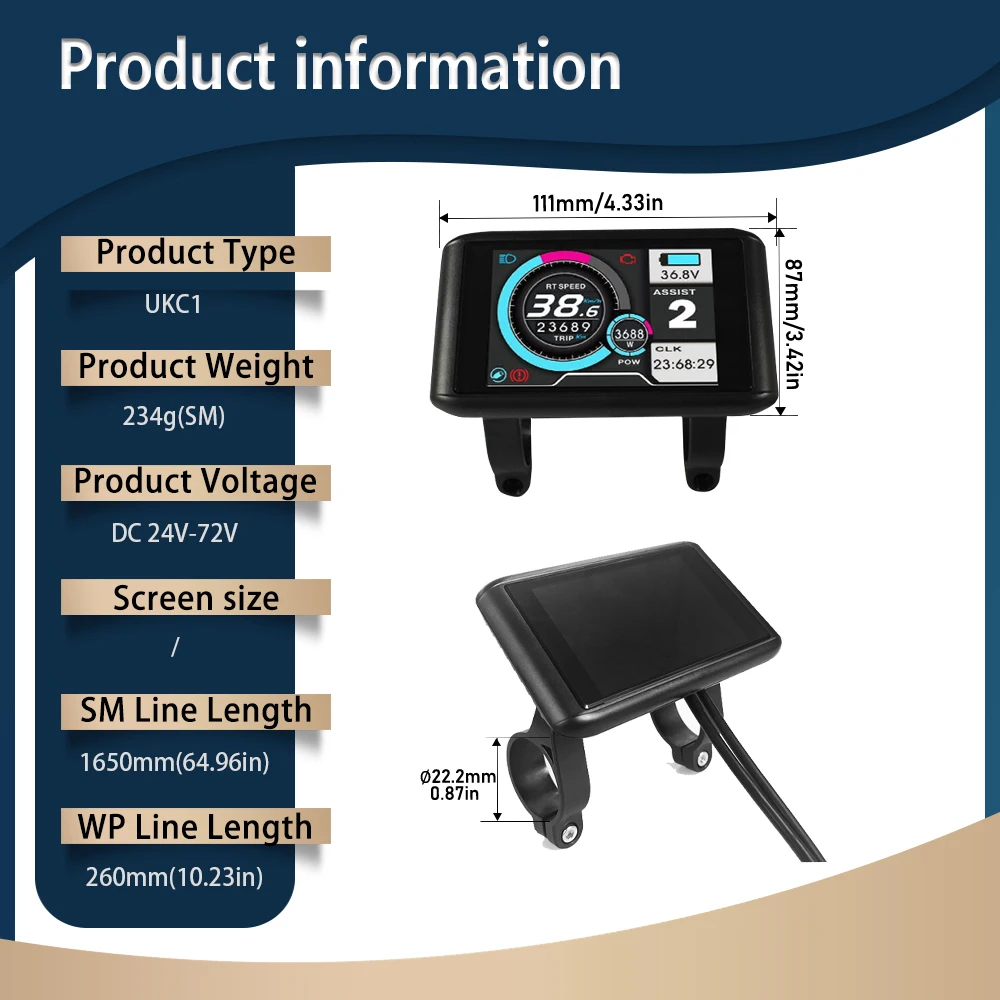 Ebike Display NFC LCD UKC1 Color Display with USB 24V-72V Electric Bicycle for UART No.2 communication protocol E-bike Kit Parts