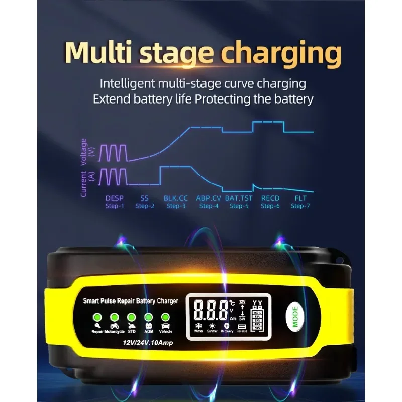 BLUSUNSOLAR cargador de batería de emergencia para motocicleta, 12V, 24V, 12V, 10A, 24V, 5A, batería de plomo-ácido