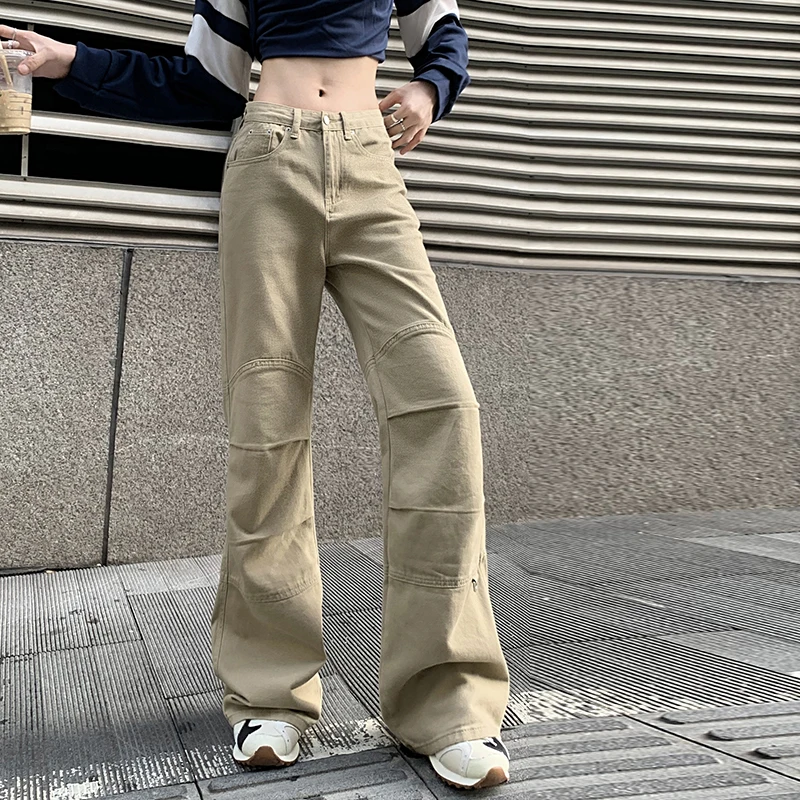 Women High Waist Cargo Flare Jeans Korean Vintage High Street Wide Leg Jeans Denim Pants Simple Streetwear Trousers