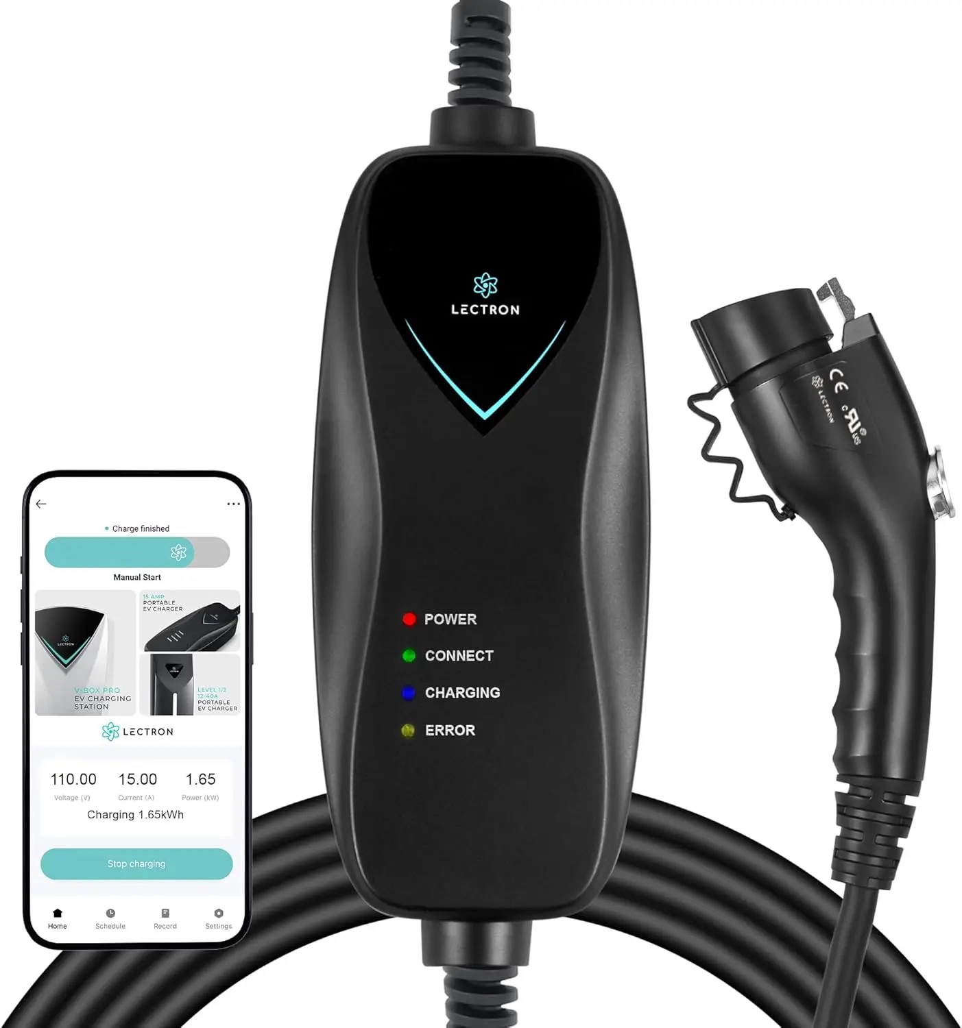 

Portable J1772 EV Charger with WiFi, 110V 15A, NEMA 5-15 Plug, 16ft Cord for Home and Travel