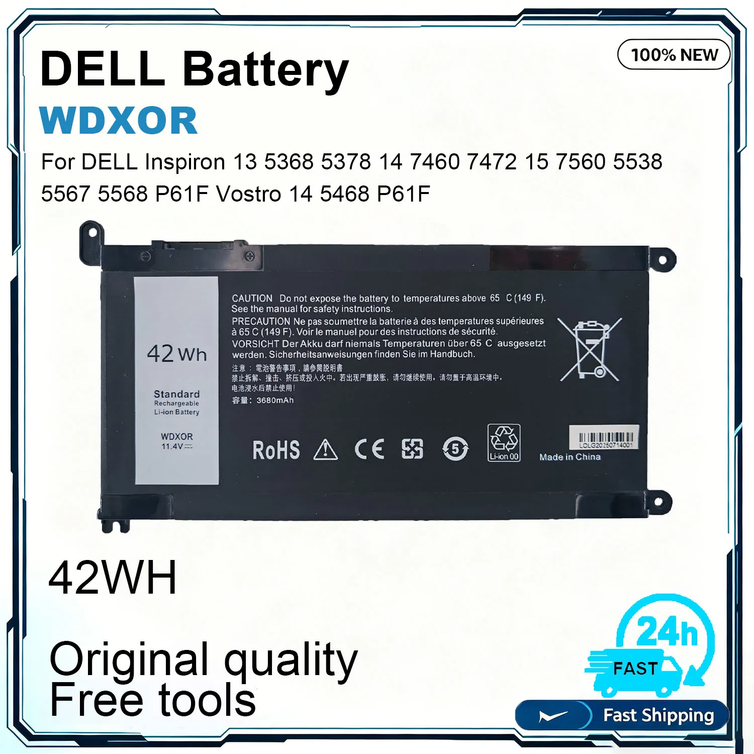 New WDX0R Laptop Battery For Dell Inspiron 13 5368 5378 14 7460 15 5567 7560 7570 15 17 5000 7000 P69G 9VKYR Vostro 5471