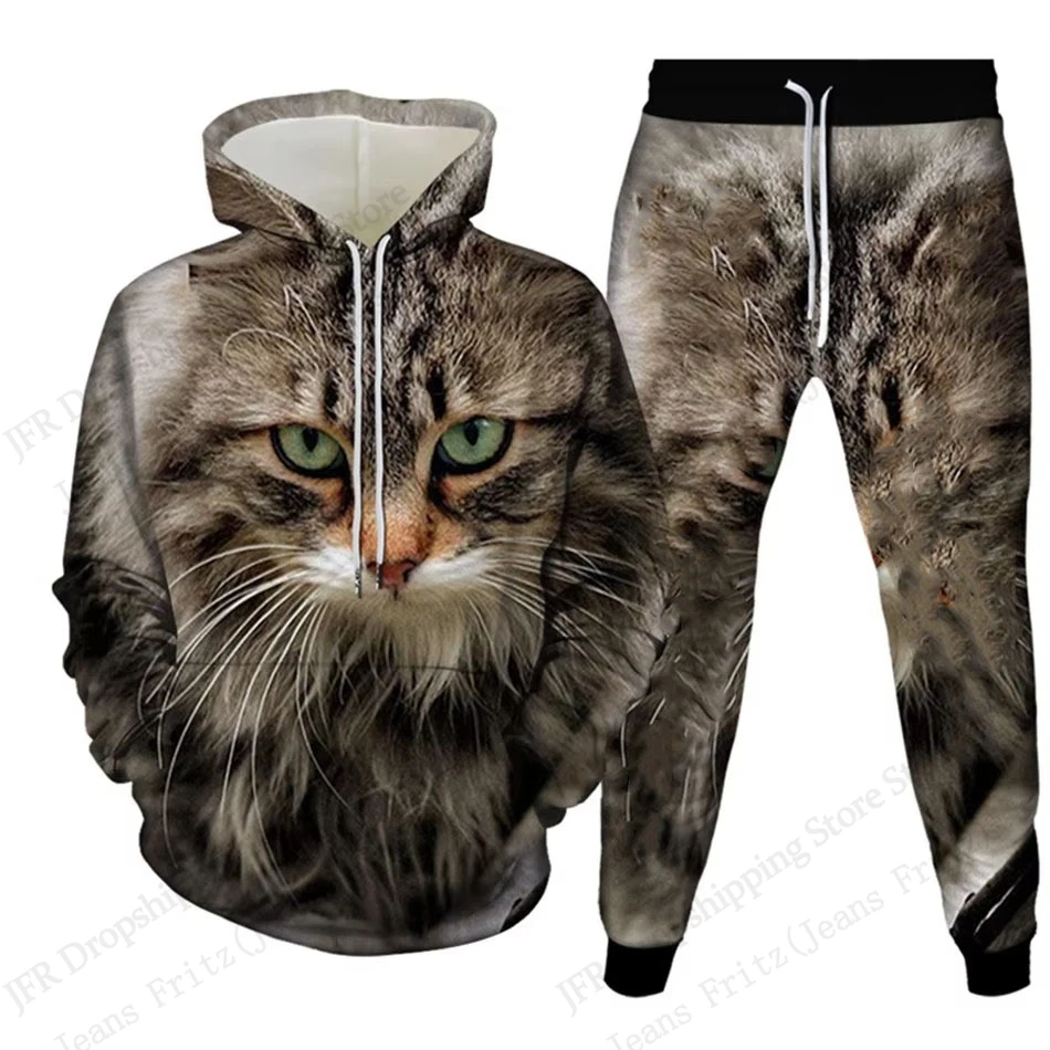 جديد الحيوان قطعتين هوديي مجموعة بناطيل رجالي جميل القط ثلاثية الأبعاد طباعة مجموعات الرجال النساء موضة هوديي بانت 2 قطعة بدلة رياضية اللياقة البدنية