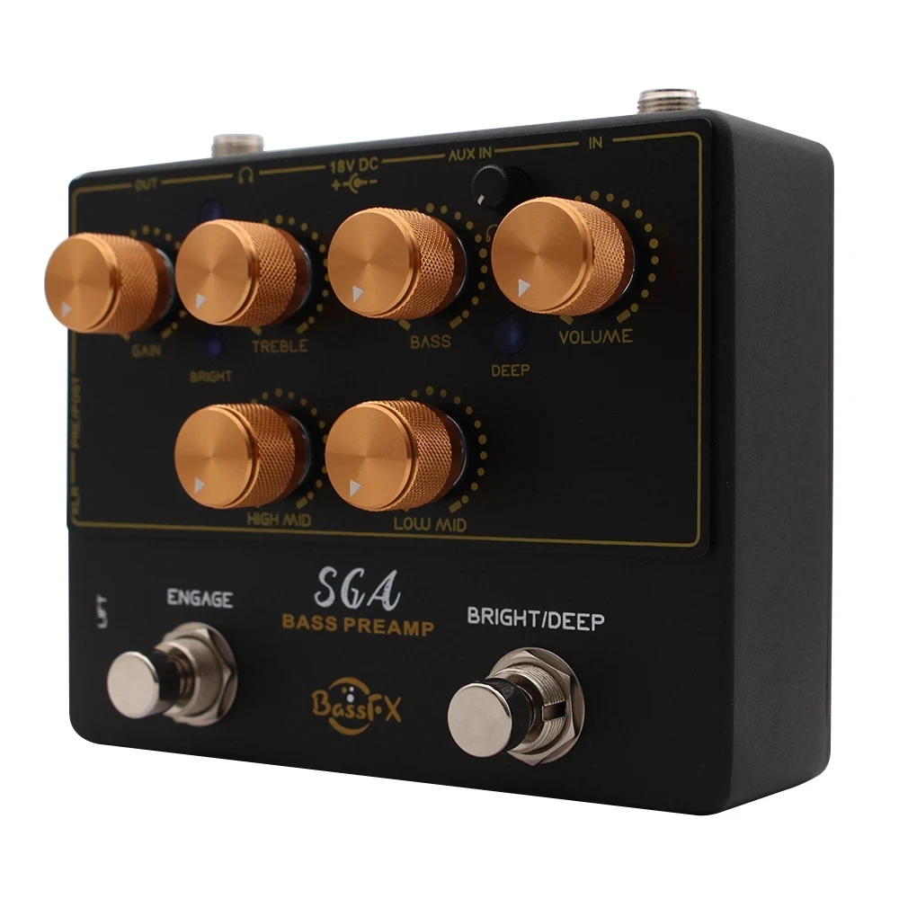 Fanmuzk SGA Electric Bass Preamp/Direct DI Box 4-Band EQ Deep+Bright Switch Headphone Out Aux-In Analog Pedal for Bassists