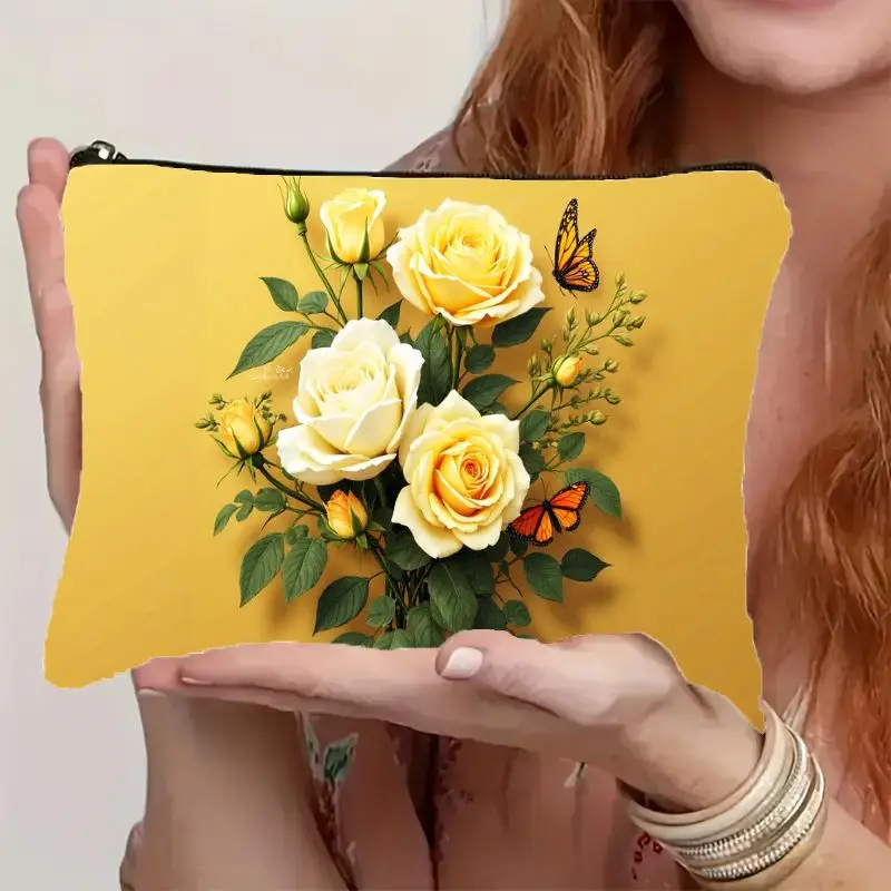1 Piece Yellow Rose Butterfly Makeup Bag - Multifunctional Zipper Pouch for Women, Perfect Travel Zipper Storage Bag, Fun Birthday Gift