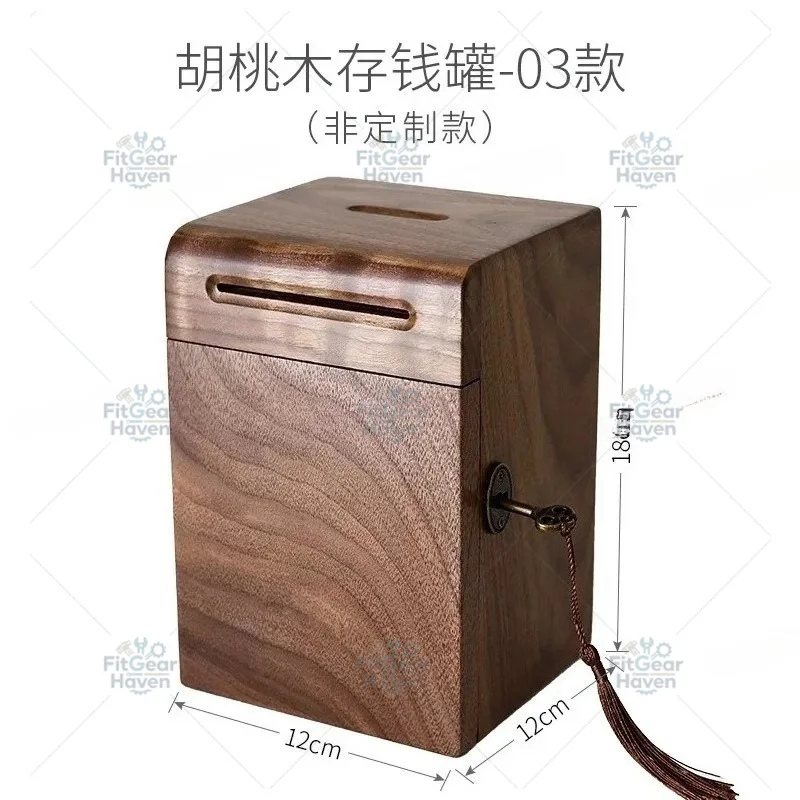 Piggy Banks for Adults, Solid Wood Money Bank, Walnut Handmade Money Saving Box with Lock, Wooden Safe Coin Jar, Home Decoration