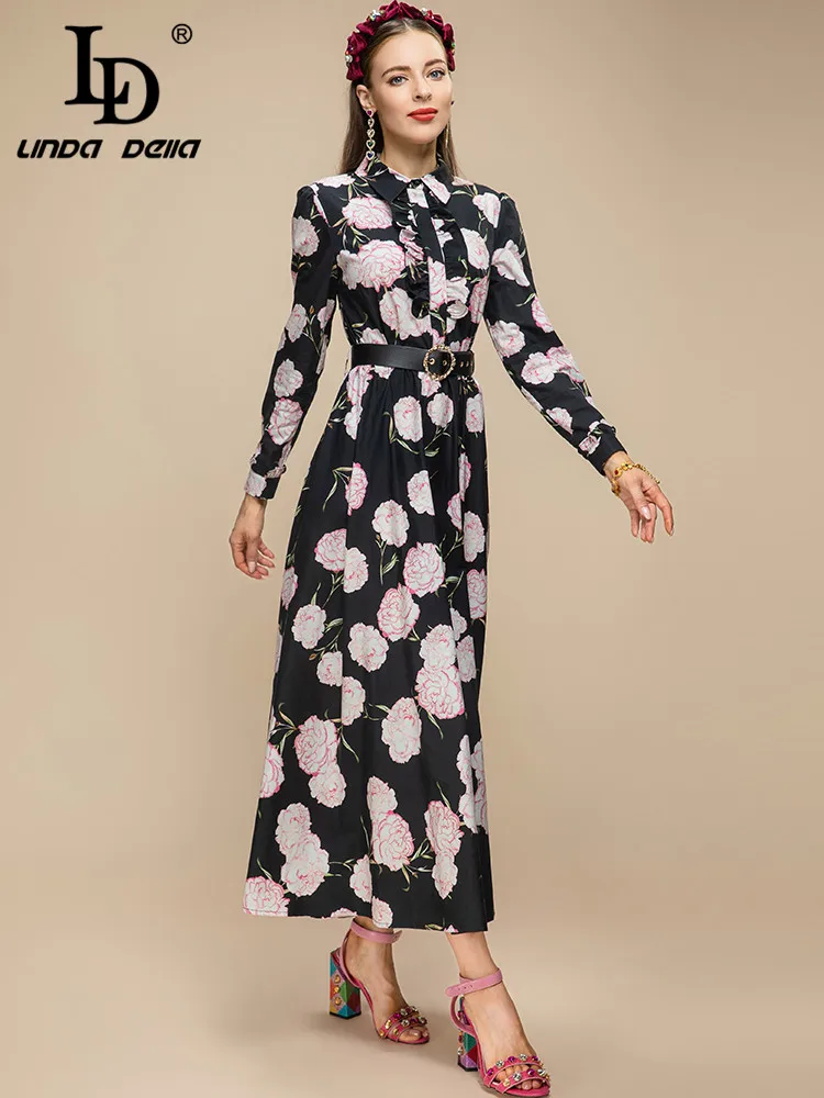 Imagem -05 - Linda Della Novo 2023 Primavera Moda Runway Midi Vestido Mulheres Manga Longa Floral Impressão Festa do Vintage Balck Vestido ld