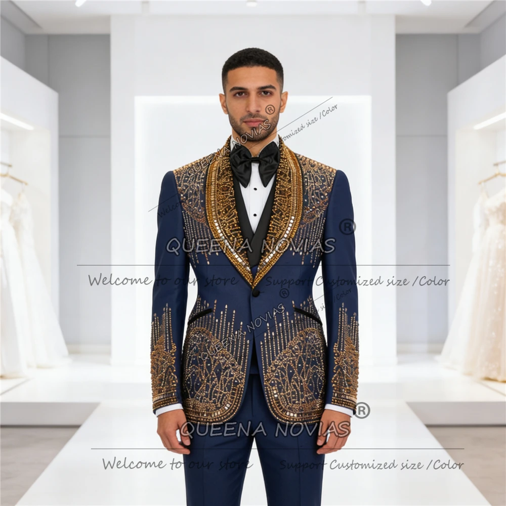 Metallic Jewelry Stones Ornament Groom Wedding Suits Slim Fit BLack Shawl Lapel Prom Blazer Outfits Plus Size Men Party Tuxedos