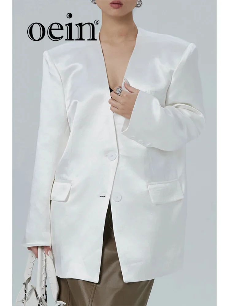 

[oein] Early Autumn New Style Temperament Acetate Suit V-neck Loose Vintage Style Coat For Women