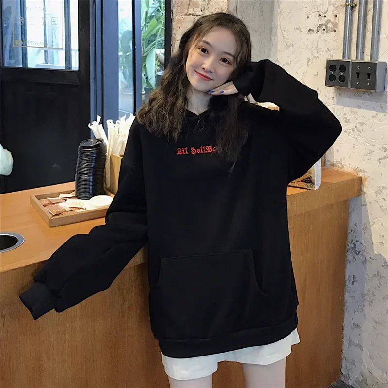 Winter Korean Harajuku Hoodies Devil Horns Gothic Hooded Sweatshirts Women Demon Fly Wings Baggy Pullovers Tops Y2k Streetwear