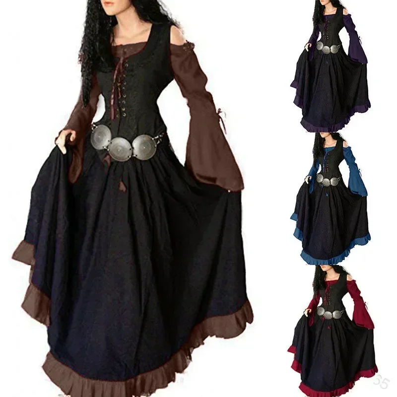 European and American medieval period palace retro slim-fitting one-line collar strappy dress with bell sleeves